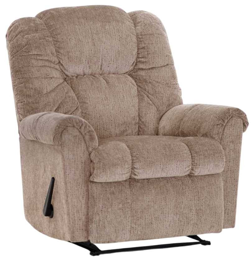 Franklin Swivel Rocker Recliner in a textured beige or light brown fabric, front view, with recline pull handle on the side.