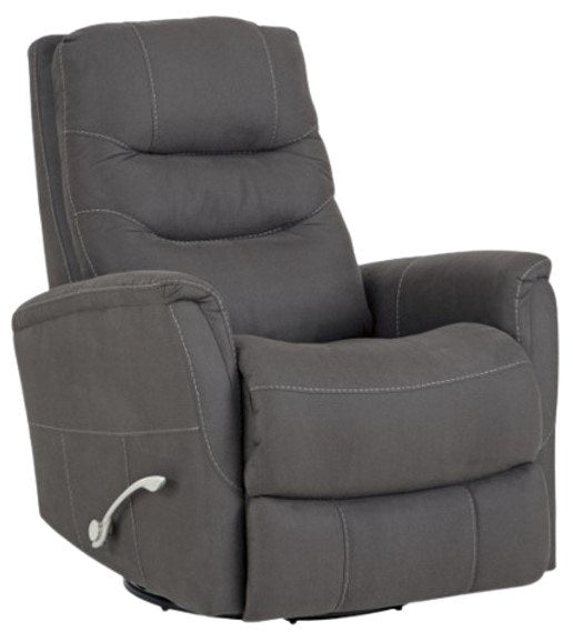 HomStyle Furniture dark grey fabric swivel glider recliner with contrast stitching and a silver reclining handle, presented on a clean white background.