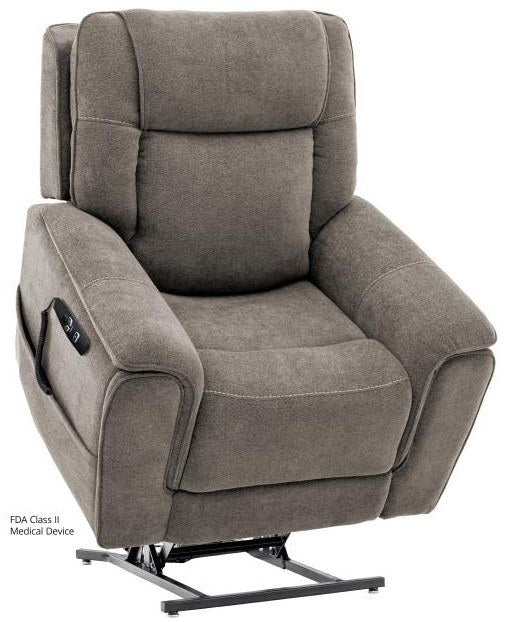 Mega Motion MM3600ASH lift recliner in ash gray fabric, showing the motorized lift mechanism at the base.