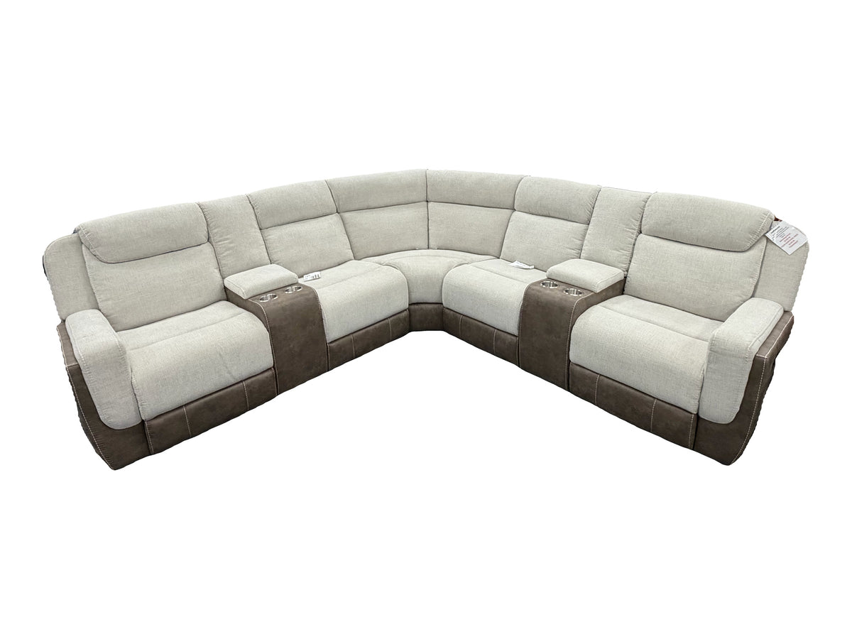 Elements International Hornet Rancho Taupe three-piece manual reclining sectional — actual tagged floor photograph isolated on white; complete three-piece configuration only