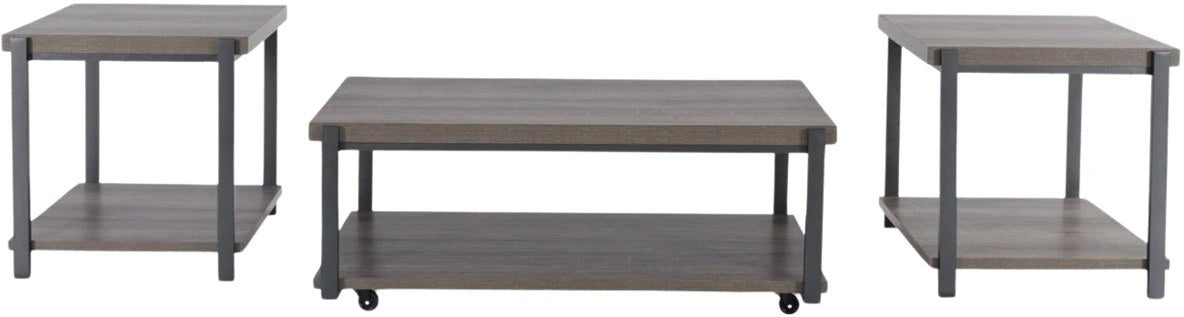 Full front view of the three-piece coffee and end table set, showcasing one coffee table with casters and two matching square end tables, all featuring a weathered gray finish and dark metal frames.