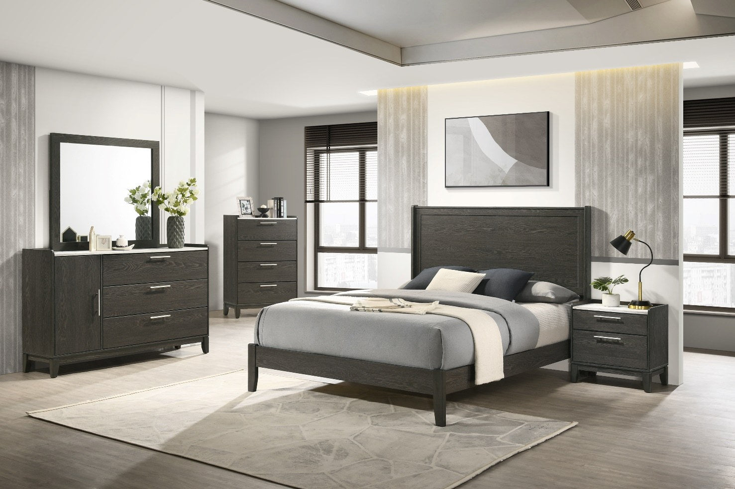Clear, direct front-angle view of the dark gray nightstand, featuring its two drawers, light-colored top, and matching tapered legs.