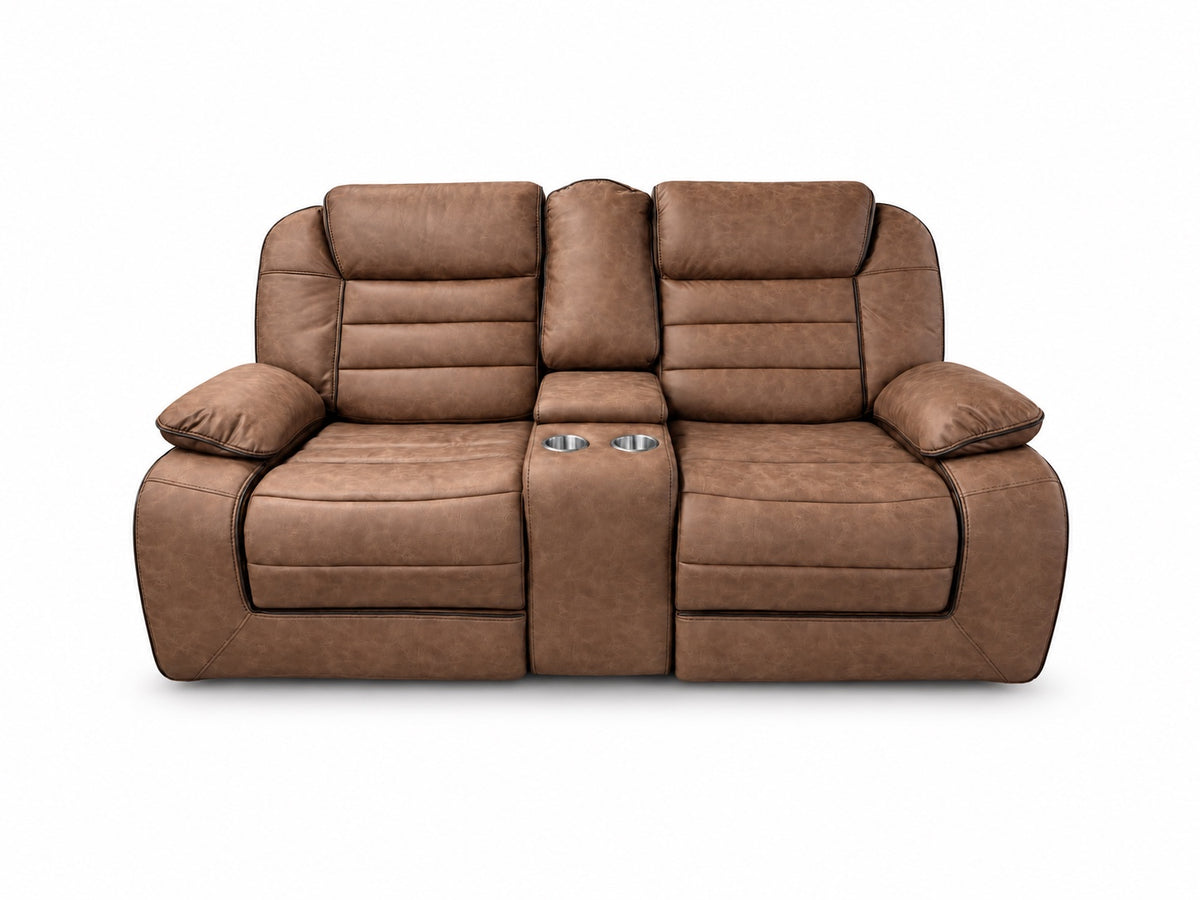 Global Furniture U2250 Brown Manual Reclining Console Loveseat shown alone with all seats and footrests upright