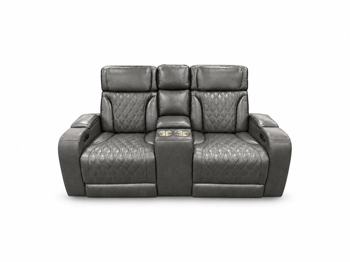 Global Furniture U8611 Charcoal Dual Power Console Loveseat shown alone with the complete item upright and lights off