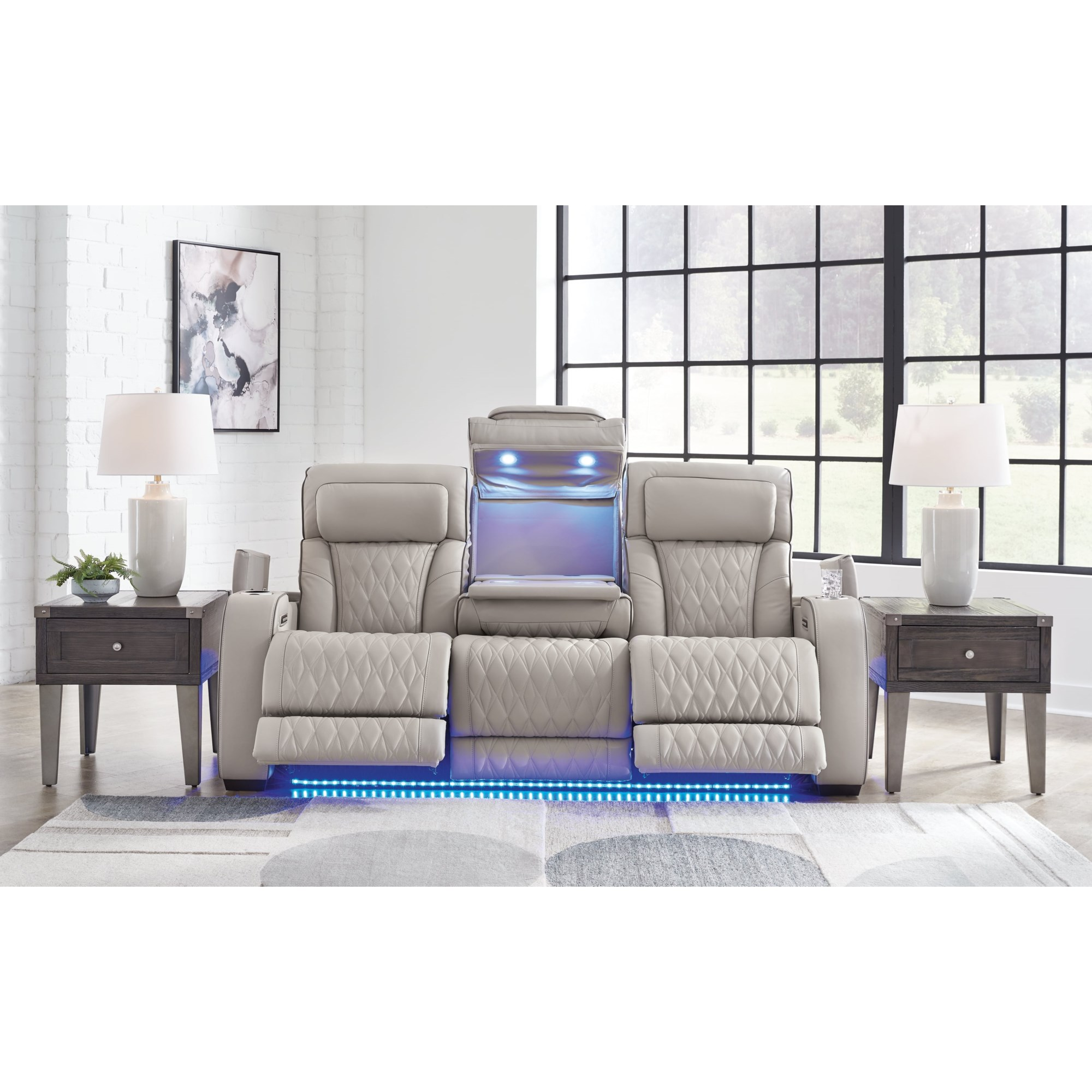 Ashley Boyington Power Reclining Sofa with LED & drop-down console - Light Gray