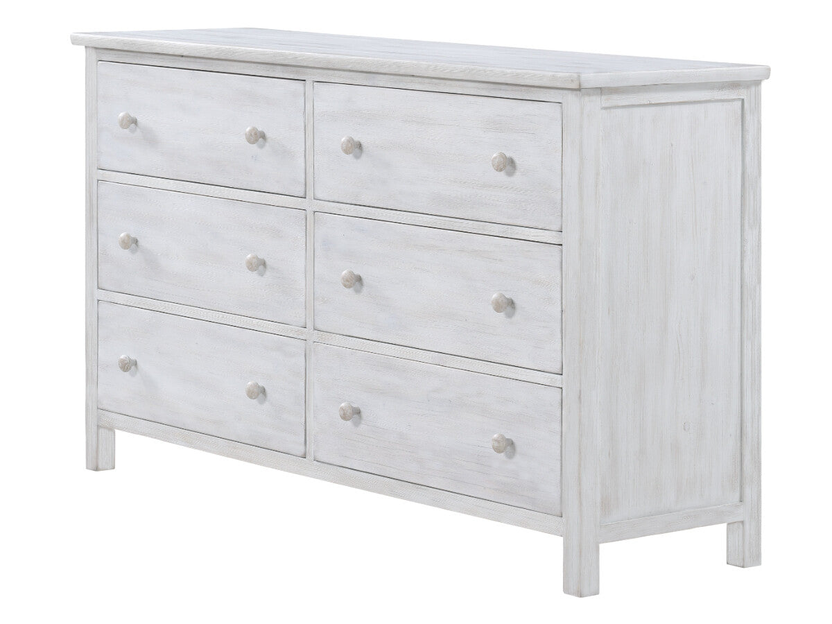 Lineage Geneva Distressed White six-drawer dresser, genuine manufacturer photo, shown alone without mirror