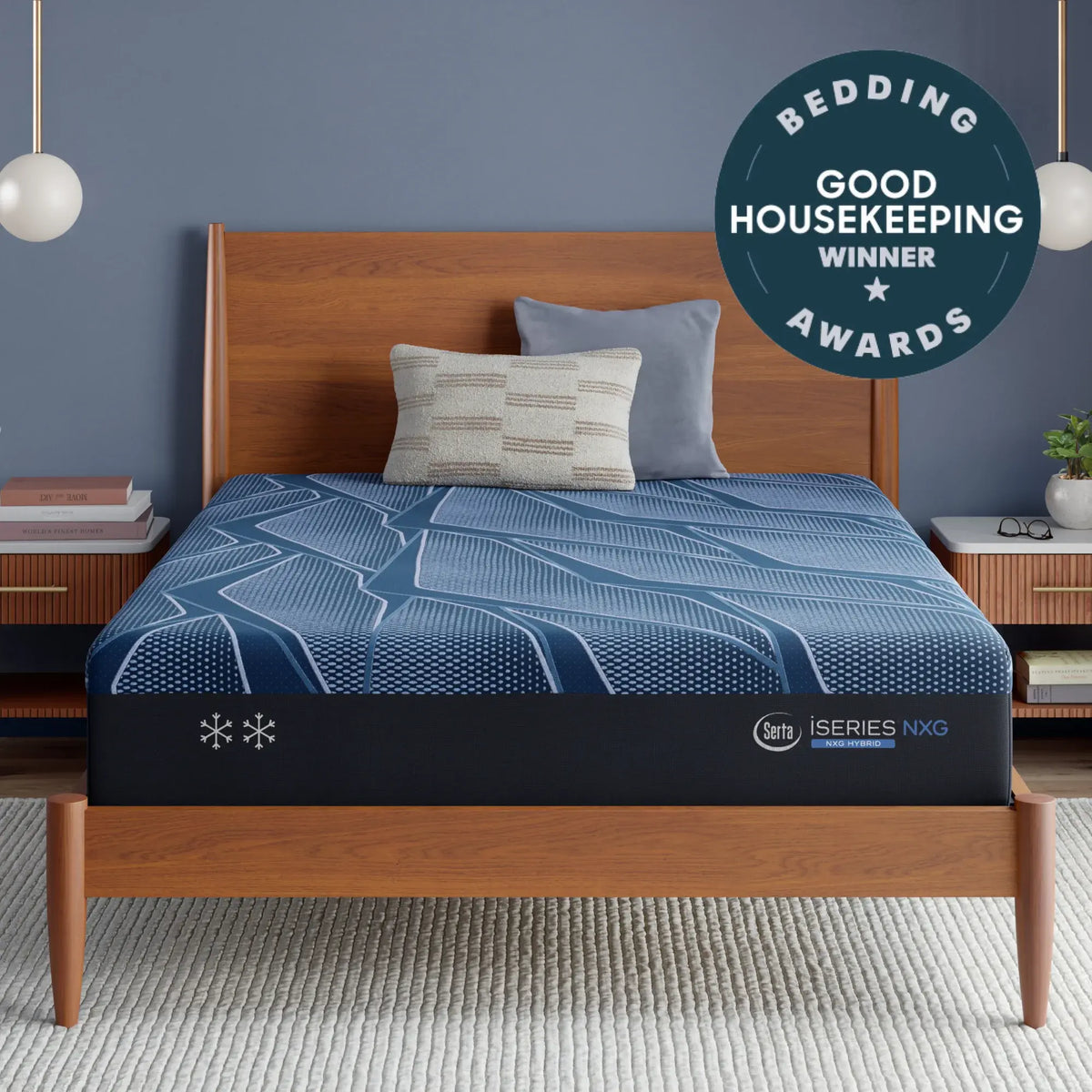 Serta iSeries NXG 1500 Hybrid Firm mattress in a styled bedroom