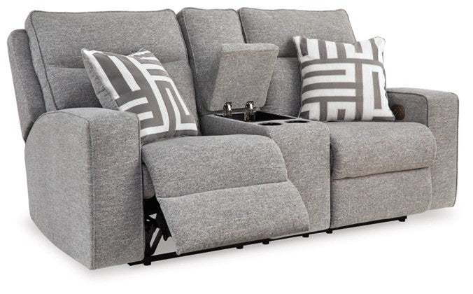 Angled view of the 2-seater power reclining loveseat, highlighting the open center console with cupholders, storage compartment, and the reclining function.