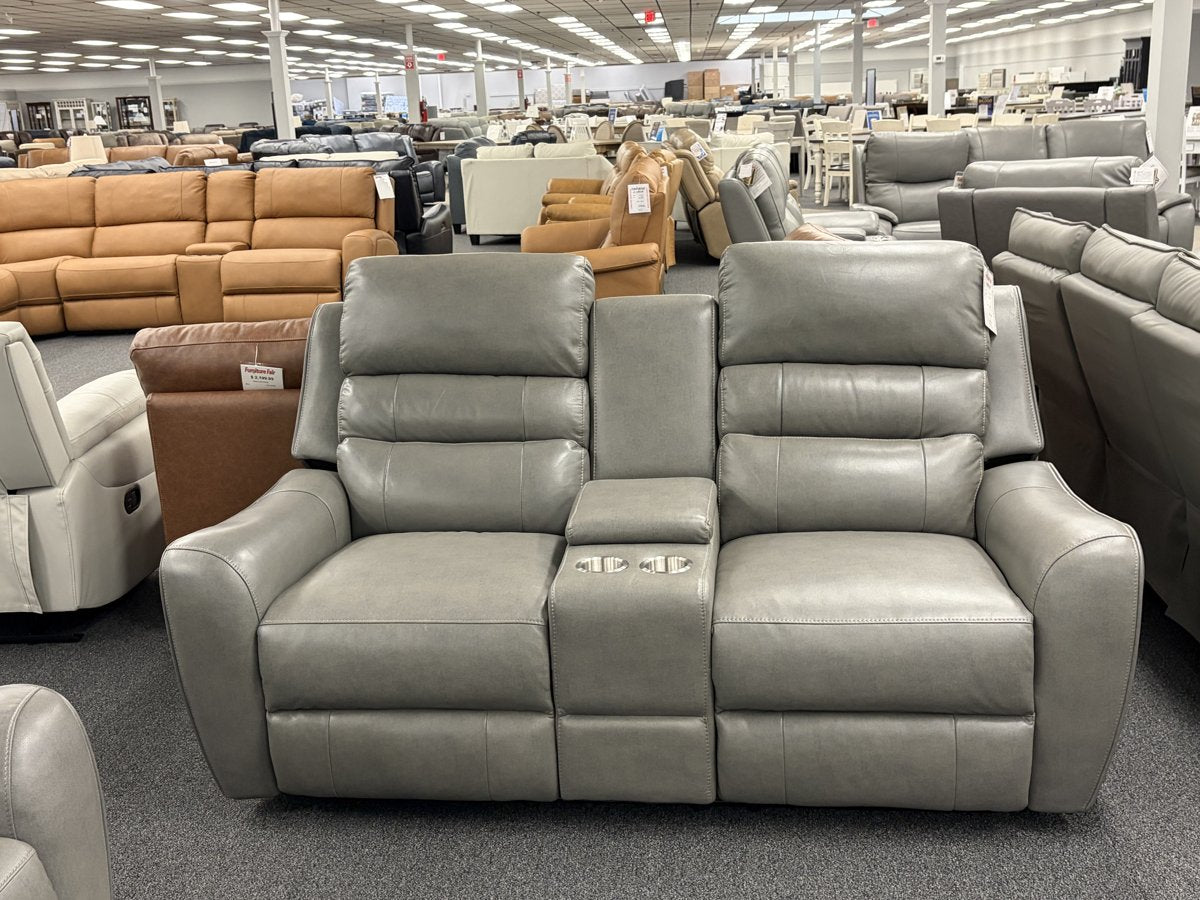 Kuka Impression Grey Leather Power Reclining Console Loveseat