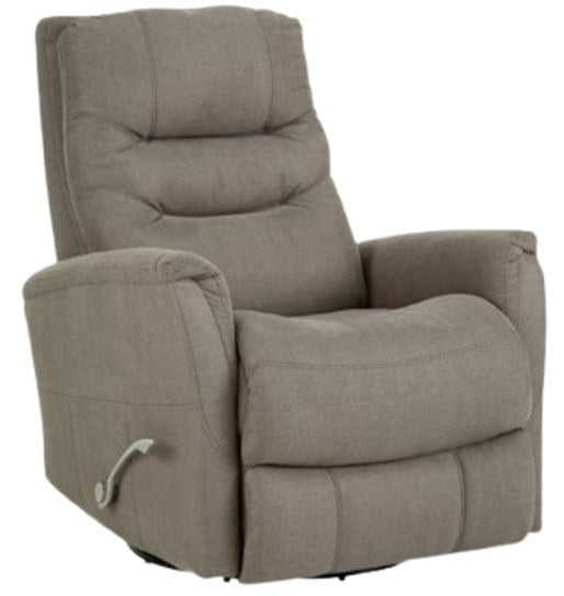 HomStyle Furniture Swivel Glider Recliner in Dove grey fabric with a side pull handle on a white background.