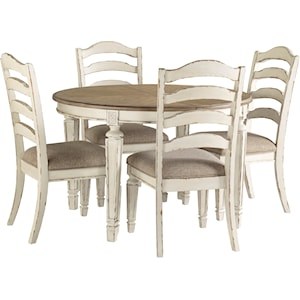 Full view of the 5-piece dining set, including the oval table and four ladder-back chairs, showcasing the complete look.