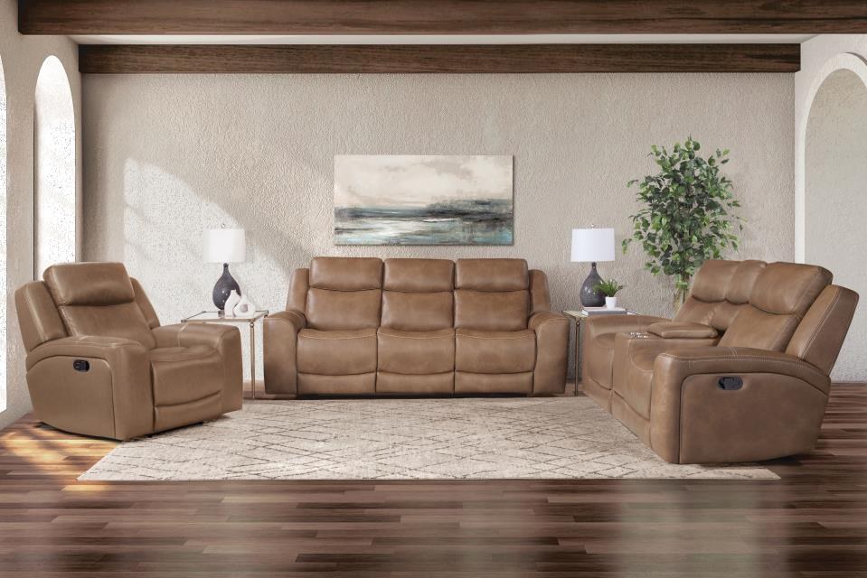 Full lifestyle shot of the complete Corinthian living room set, including a sofa, loveseat, and matching armchair, within a warm, inviting room setting.