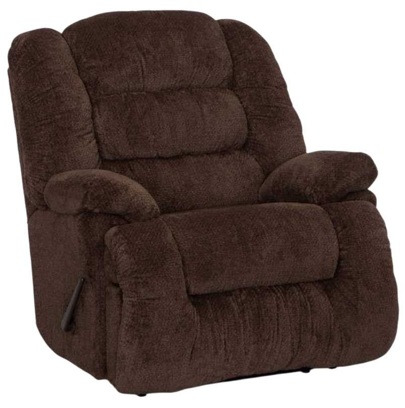 Brown Franklin Rocker Recliner chair on a white background, showing the plush upholstery and recliner lever.