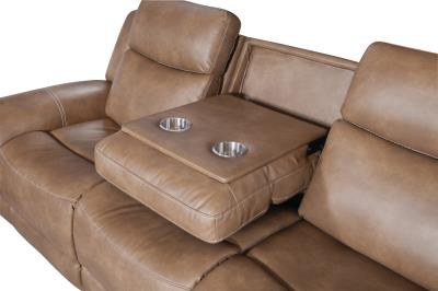 Medium shot of the loveseat, showcasing the convenient pull-down center console with two metallic cup holders integrated into the design.