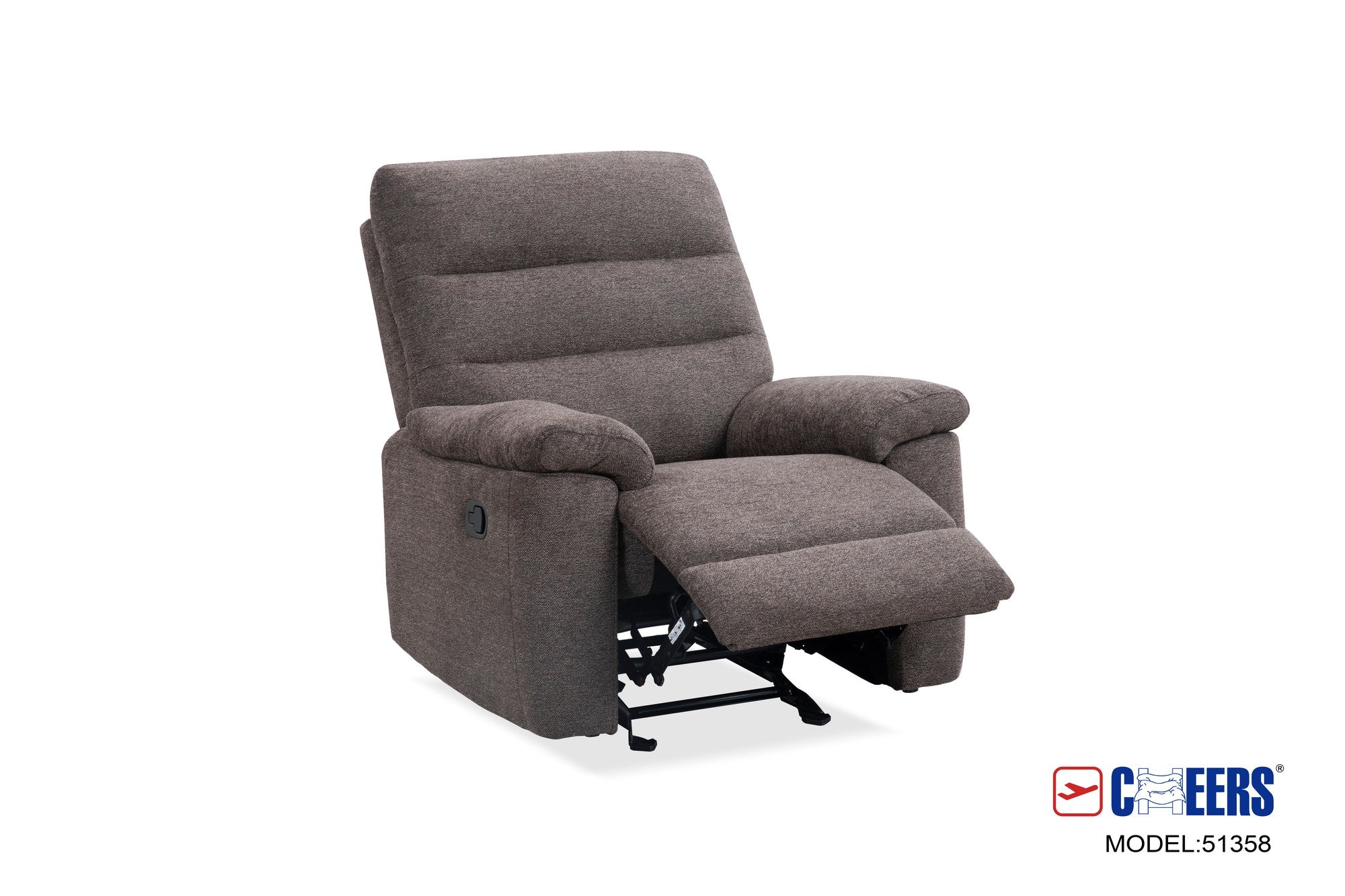Front-angle view of the single gray fabric recliner chair in its reclined position, highlighting the plush comfort and manual lever mechanism.