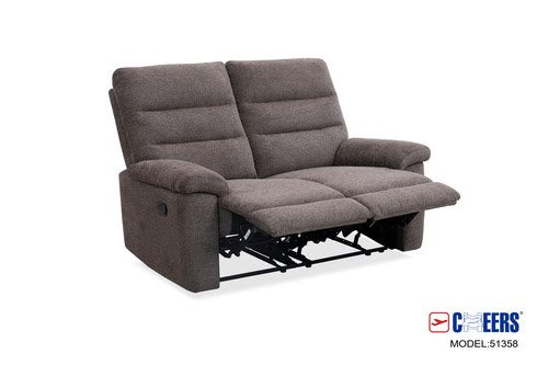 Front-angle view of the two-seater gray fabric reclining loveseat in its reclined position, displaying its dual functionality and exposed mechanism.