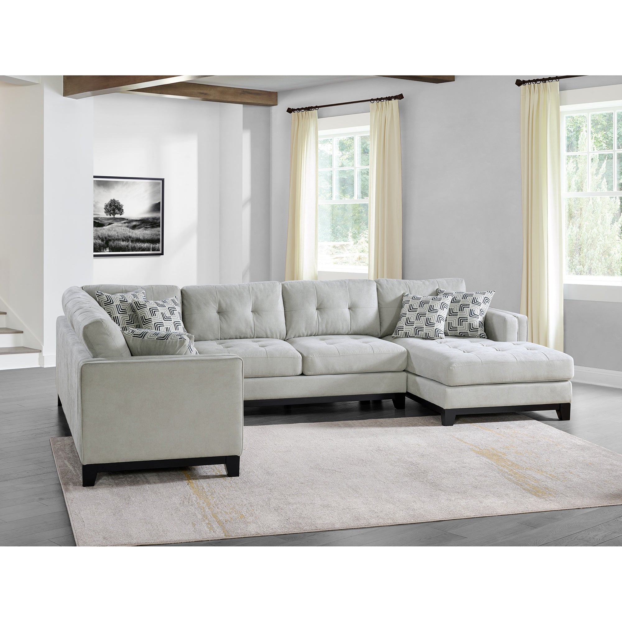 Elements International Wyatt 3-Piece U-Shaped Sectional with Ottoman - Light Gray Fabric