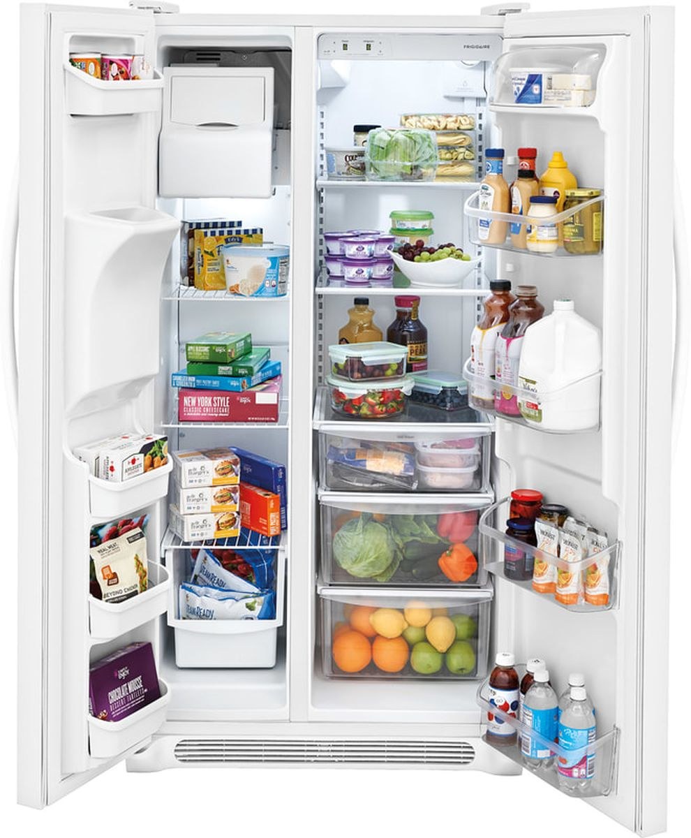Interior of a white side-by-side refrigerator, fully stocked with food and beverages, showcasing adjustable shelves, door bins, ice maker, and clear crisper drawers.