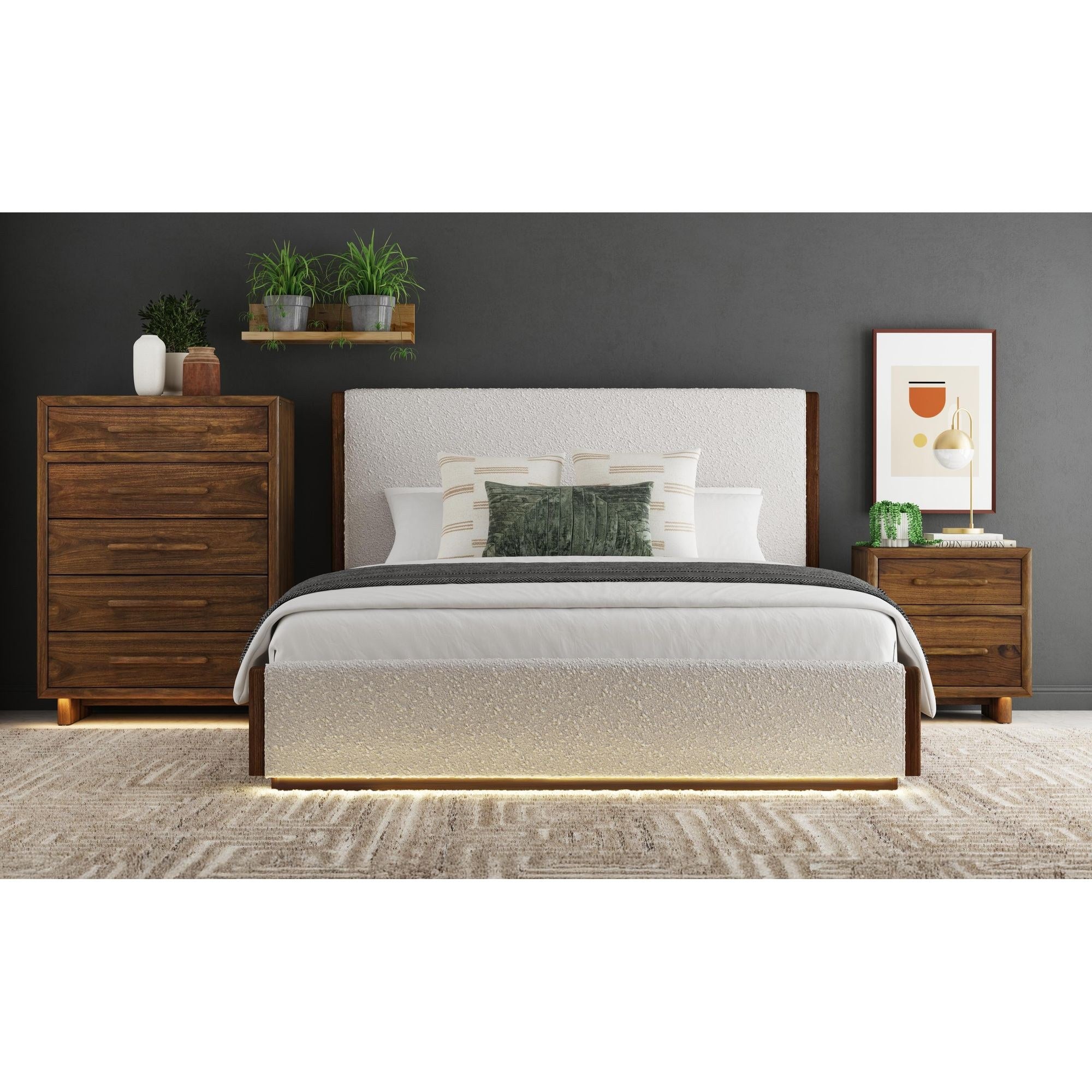 The best full, frontal view of the chest, clearly showcasing its five drawers, modern design, and warm wood finish.