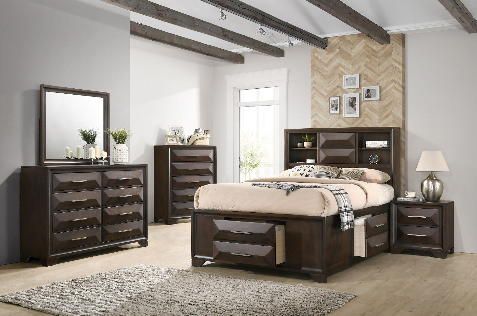 Full view of the Lifestyle Furniture 5-piece bedroom set, showcasing the bed with bookcase headboard, storage drawers, dresser with mirror, chest of drawers, and nightstand in a contemporary room setting.