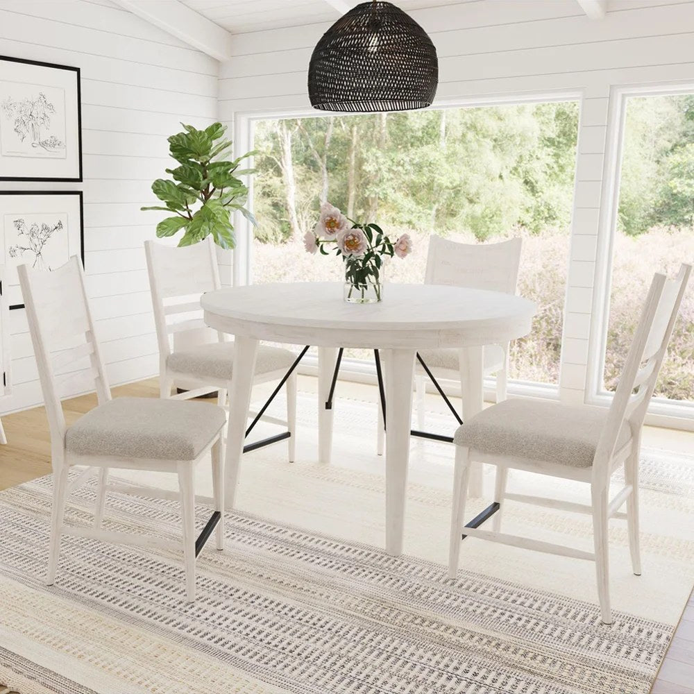 Clear full-front, slightly angled view of the bar stool, highlighting its white frame, upholstered seat, and footrest.