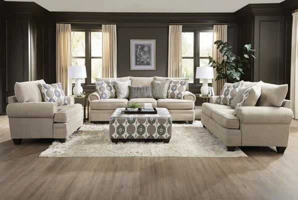 Front-left view of the Albany CHAIR + 1/2, highlighting its inviting rolled arms, plush cushions, and included decorative throw pillows.