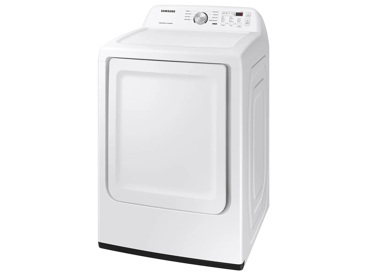 Samsung DVE45T3200W white electric dryer, angled exterior view