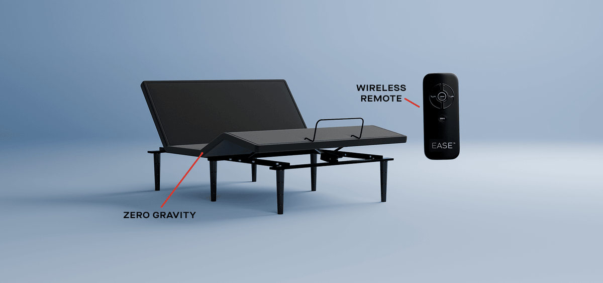 Sealy Ease power base with Zero Gravity and wireless remote feature labels; pictured size may differ