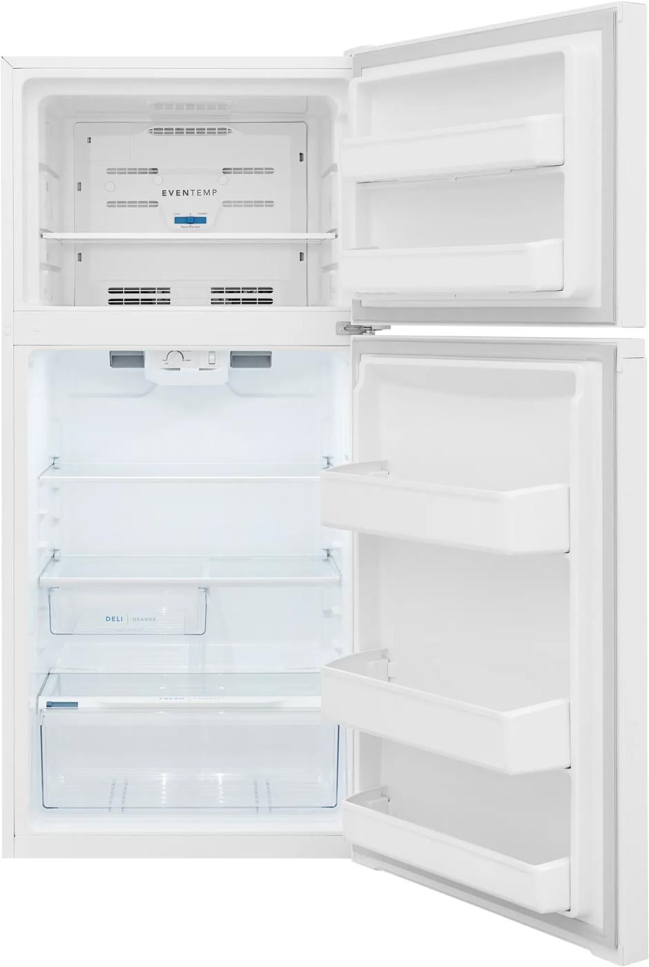 Frigidaire FFHT1425VW white top-freezer refrigerator, open interior view