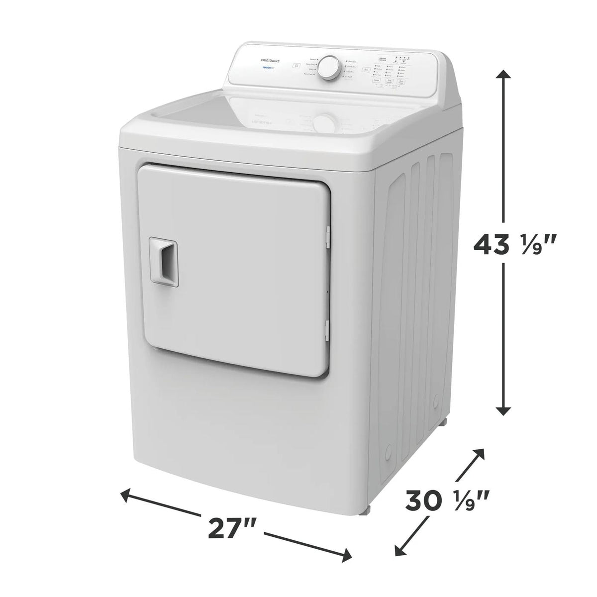 Frigidaire FLVE7000AW dryer dimensions: 27 inches wide, 30.1 inches deep, 43.1 inches high