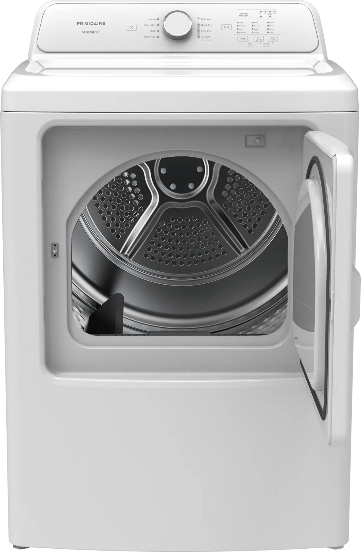 Frigidaire FLVE7000AW electric dryer, open door and drum