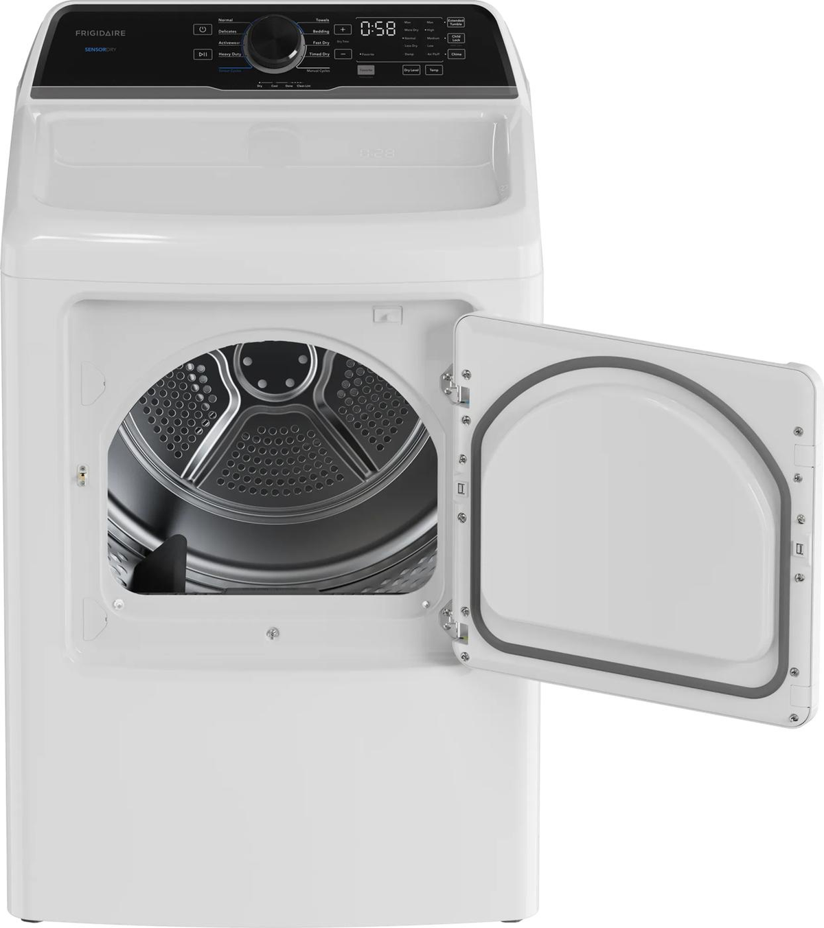 Frigidaire FLVE7523BW dryer with door open, showing the drum