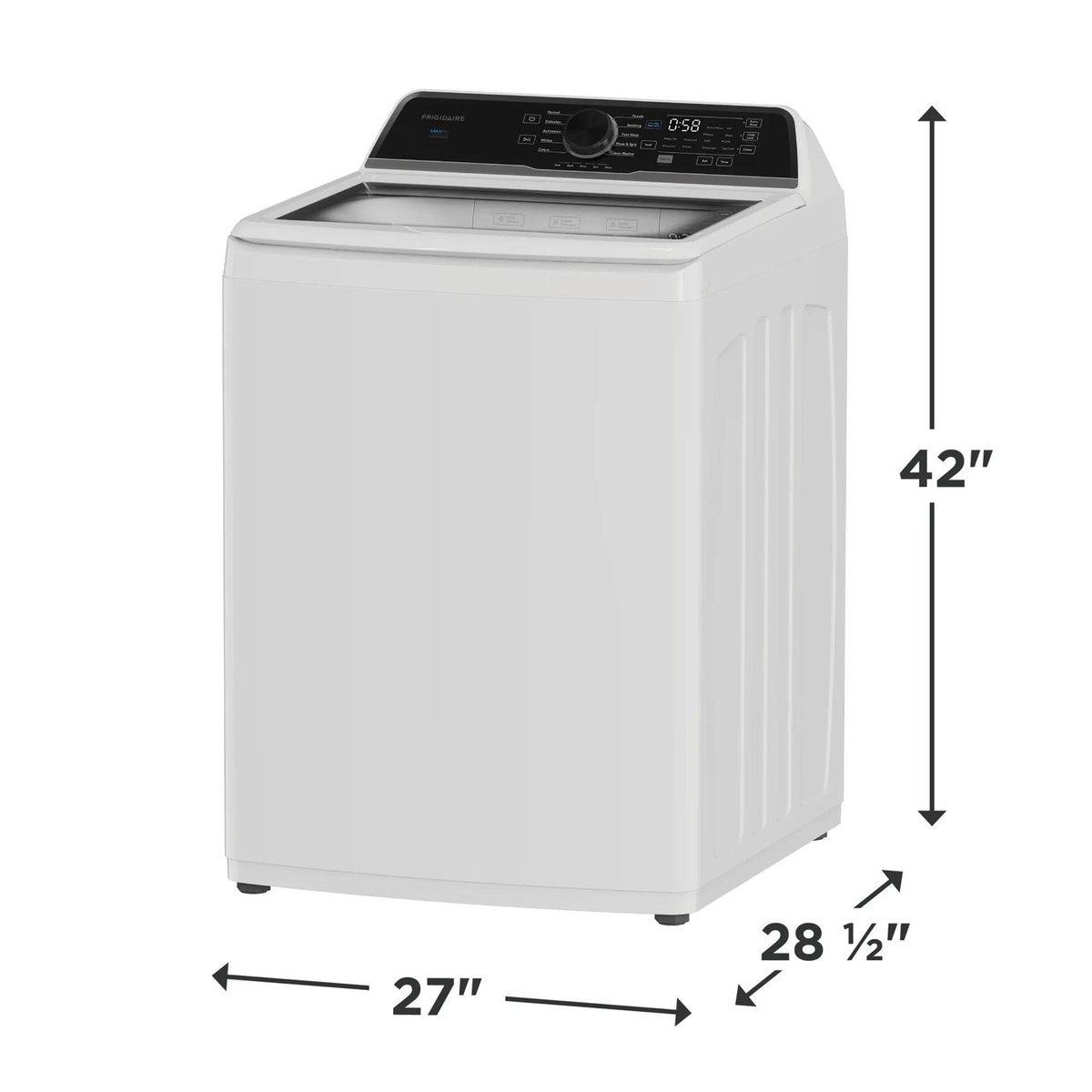 Frigidaire FLVW7523BW washer dimensions: 27 inches wide, 28.5 inches deep, 42 inches high