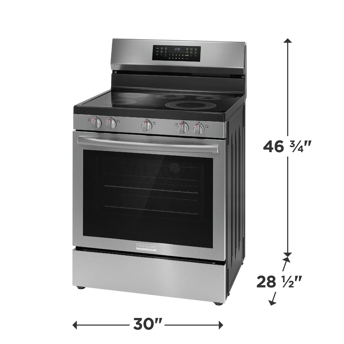 Frigidaire Gallery GCRE3060BF stainless electric range, exterior and dimensions