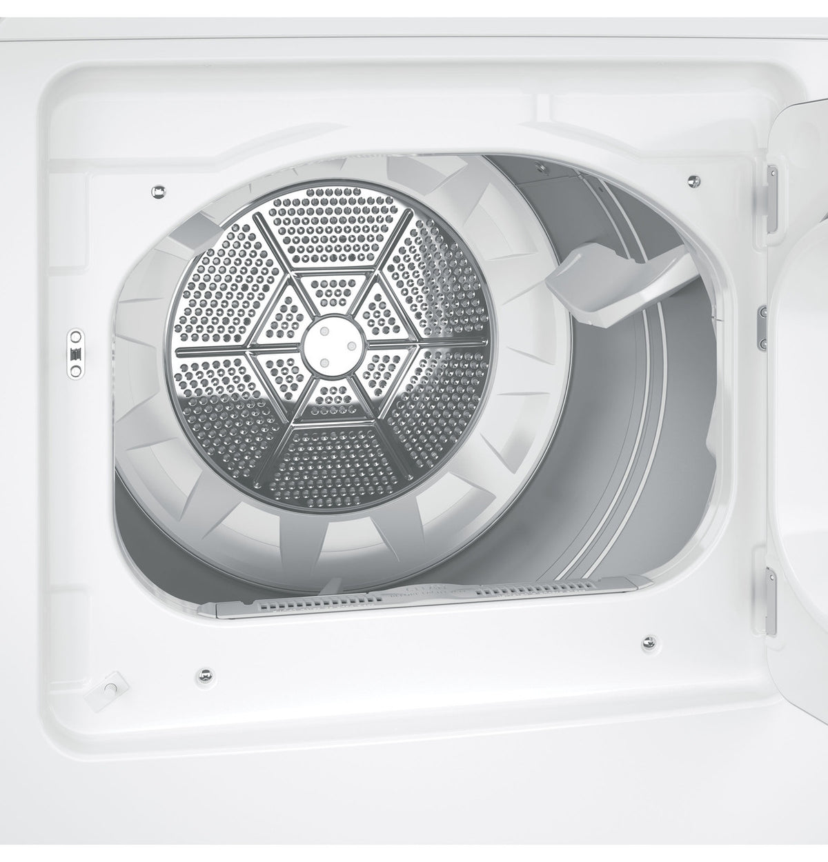 GE GTD42EASJWW electric dryer, open door and aluminized alloy drum