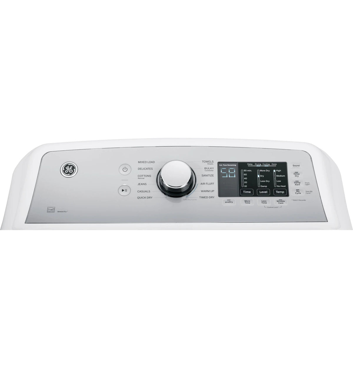 GE GTD72EBSNWS electric dryer, control panel detail