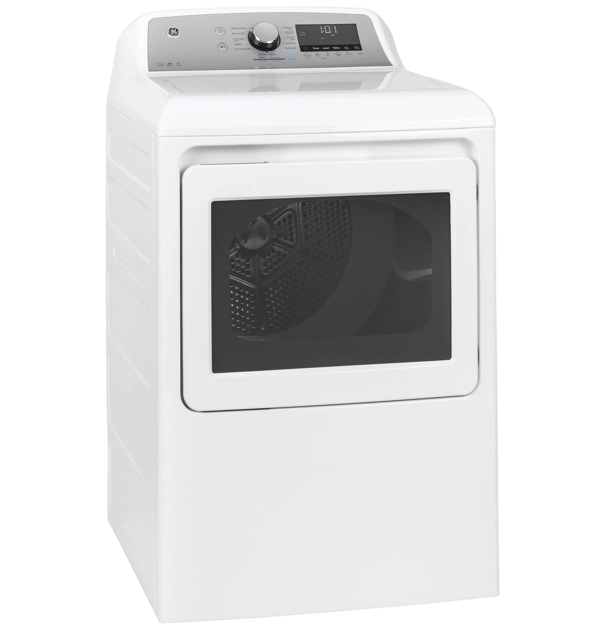 GE GTD84ECSNWS white electric dryer, angled exterior