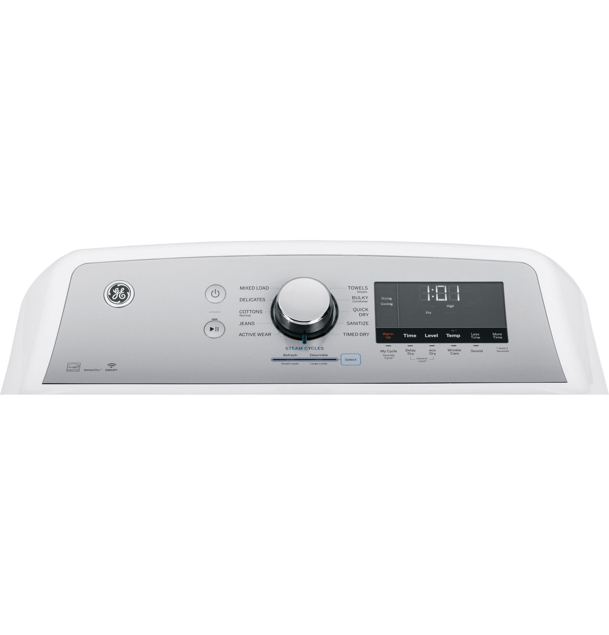 GE GTD84ECSNWS electric dryer, control panel detail
