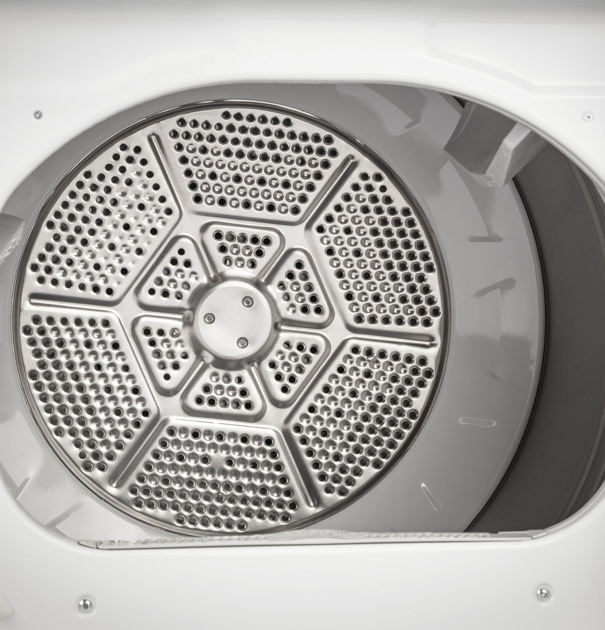 GE GTD84ECSNWS electric dryer, aluminized alloy drum detail