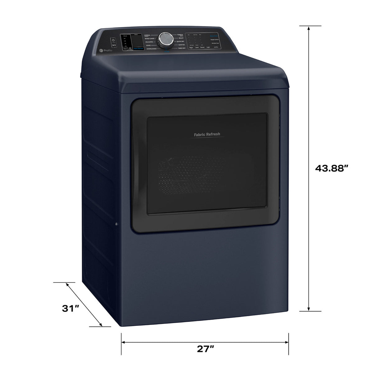 GE Profile PTD90EBPTRS dryer dimensions: 27 inches wide, 31 inches deep, 43 7/8 inches high