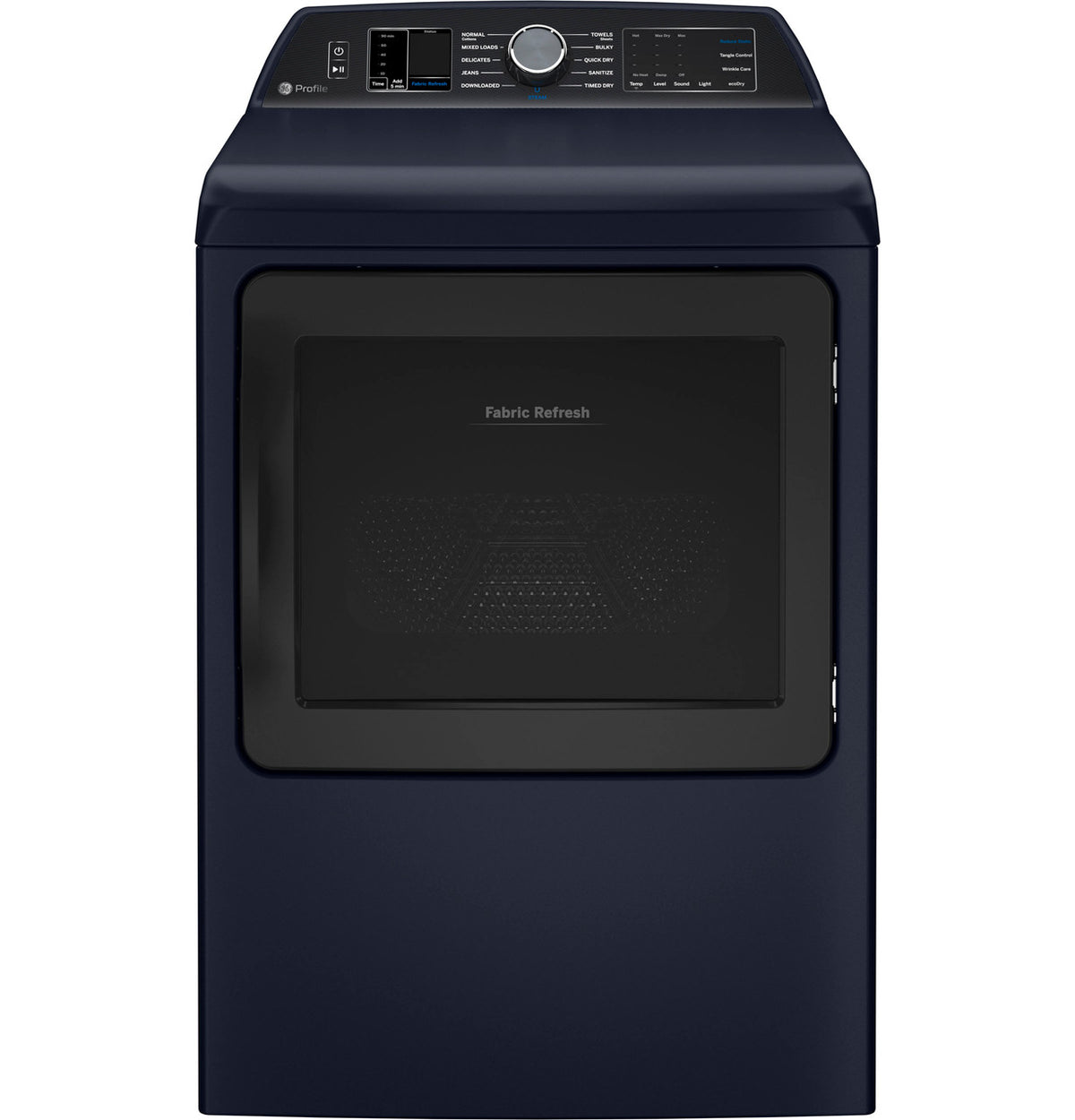 GE Profile PTD90EBPTRS Sapphire Blue electric dryer, clean front exterior