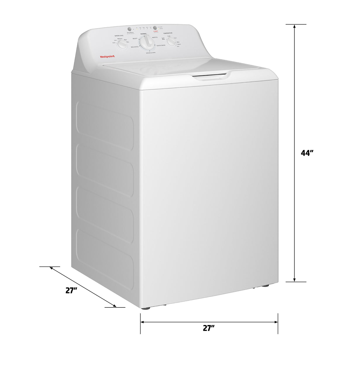 Hotpoint HTW265ASWWW washer dimensions: 27 inches wide, 27 inches deep, 44 inches high