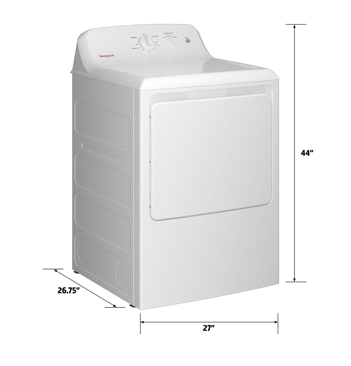 Hotpoint HTX26EASWWW dryer dimensions: 27 inches wide, 26.75 inches deep, 44 inches high