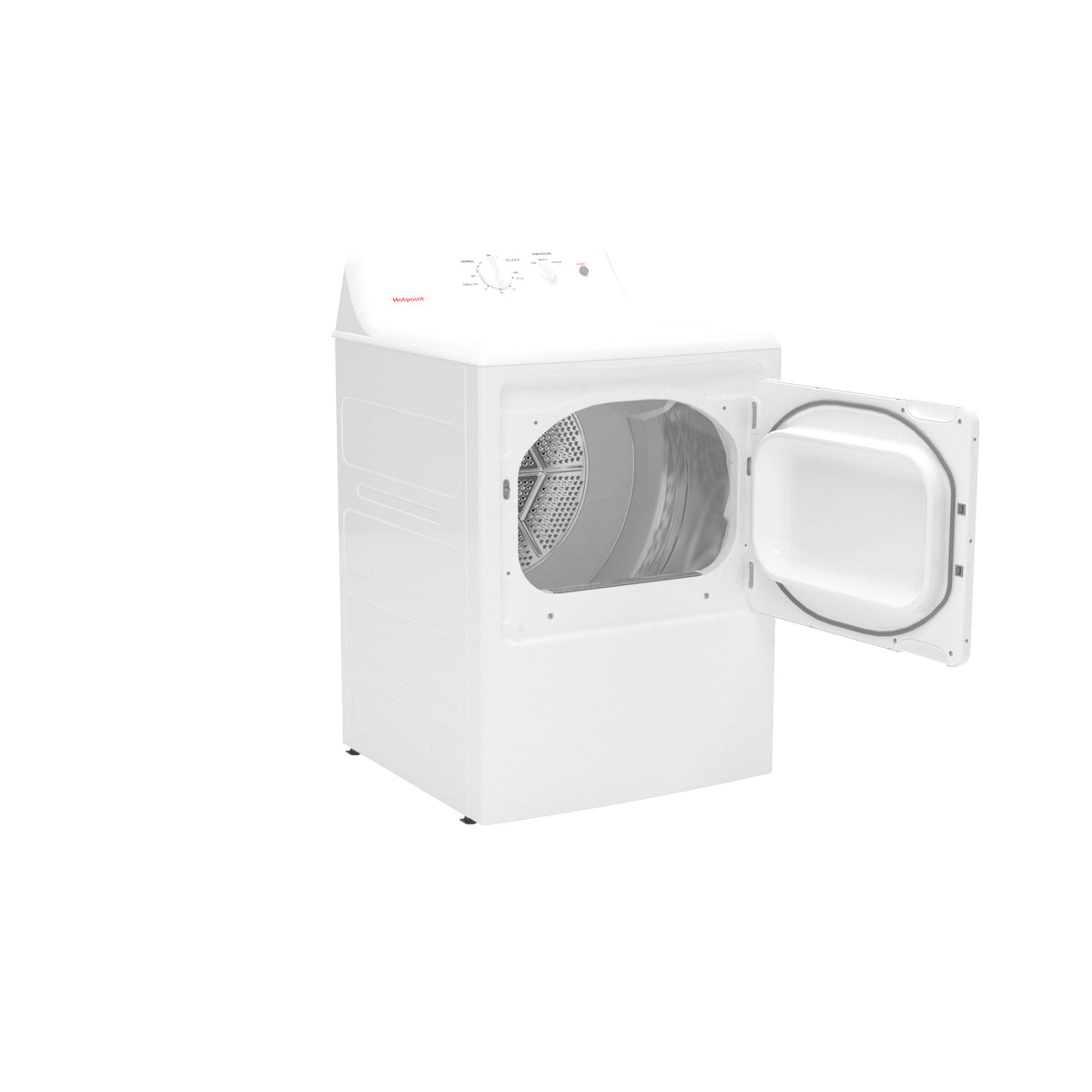 Hotpoint HTX26EASWWW electric dryer with door open, showing the drum