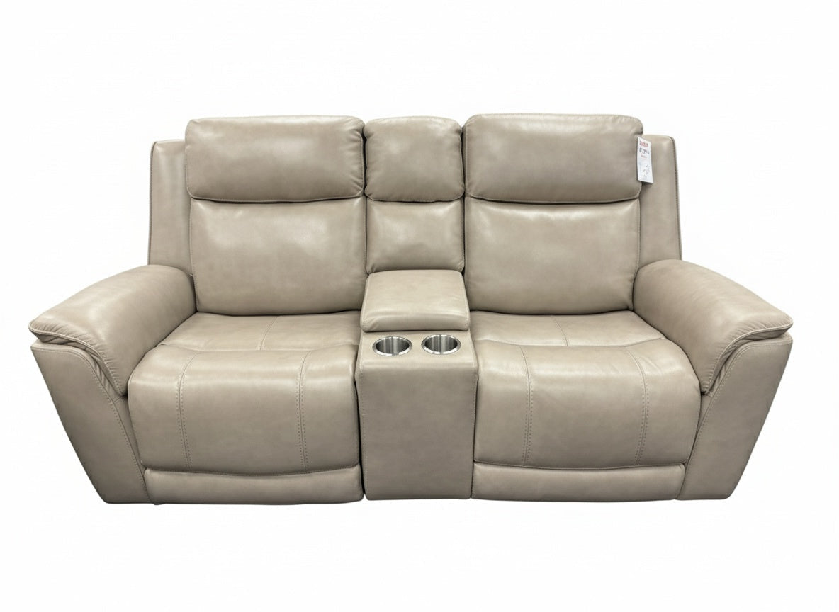 Kuka Home 6305 Maui Sand Leather Dual Power Reclining Console Loveseat
