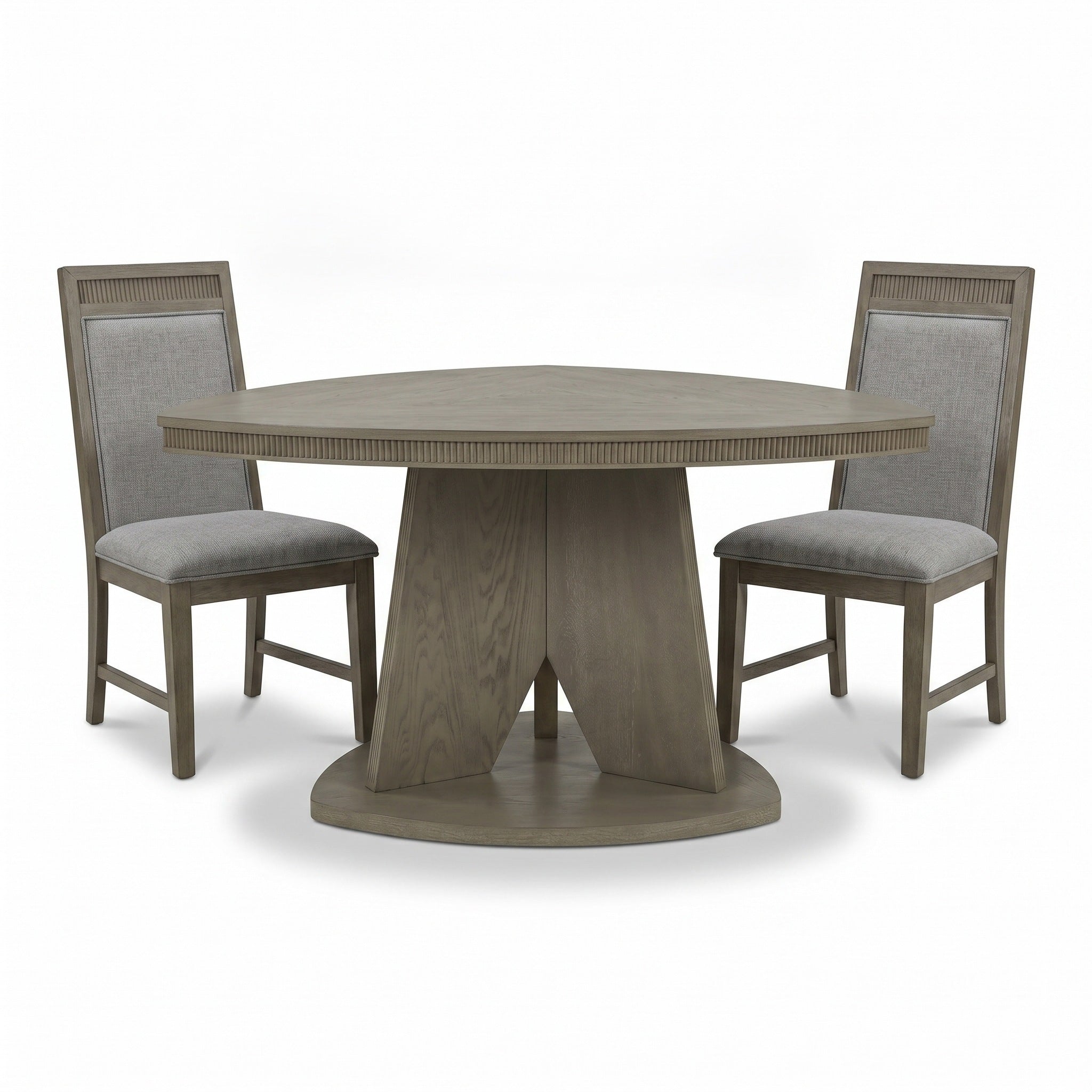 C9608 triangular dining table with two upholstered side chairs