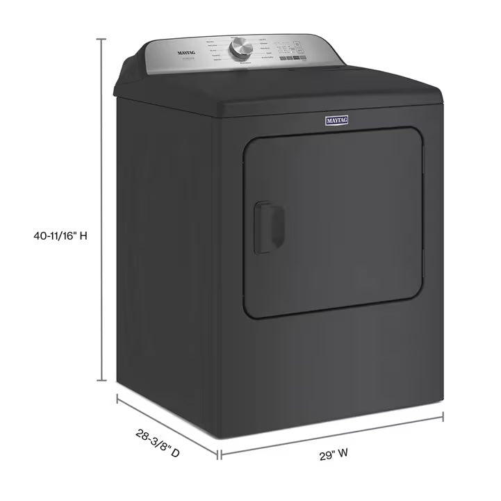 Maytag MED6500MBK Volcano Black electric dryer with width, depth and height dimensions