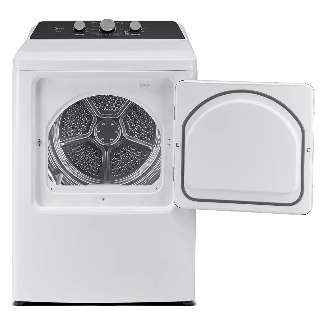 Midea MLTE41N1BWW white electric dryer, door open and drum visible