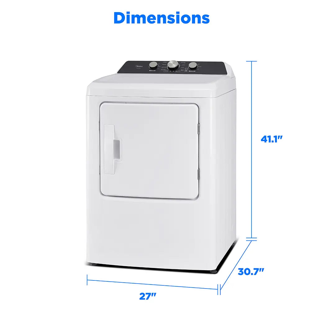 Midea MLTE41N1BWW dryer dimensions: 27 inches wide, 30.7 inches deep, 41.1 inches high