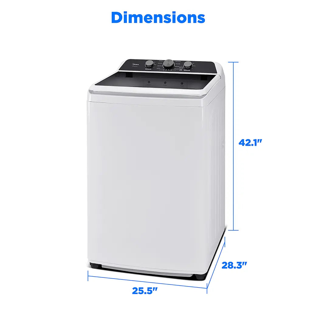 Midea MLTW41A1BWW washer dimensions: 25.5 inches wide, 28.3 inches deep, 42.1 inches high